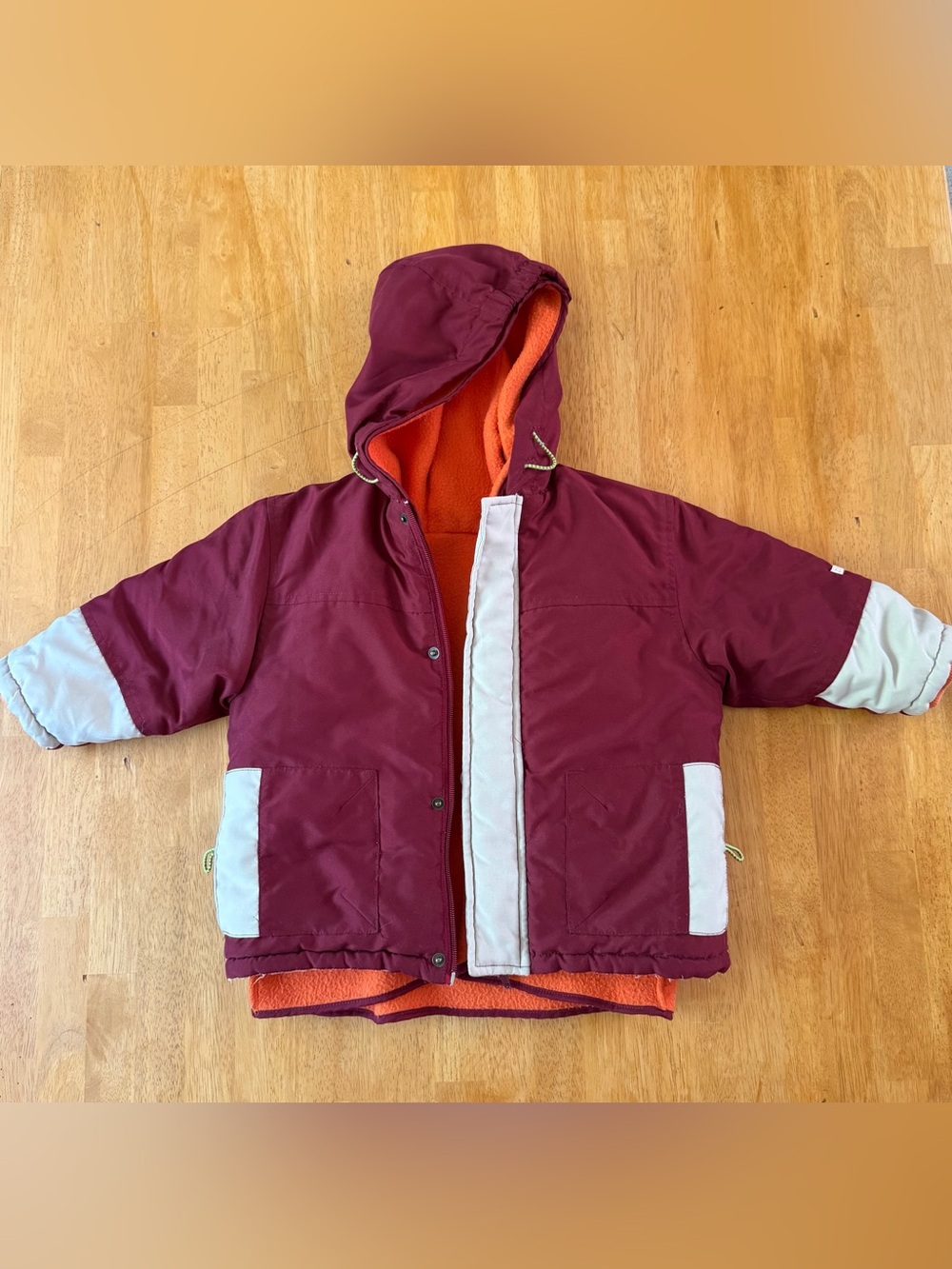 Clayeux Kids Hooded Puffer Jacket in Burgundy with Orange fleece Lining